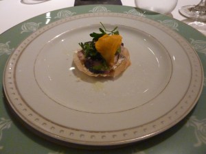 Amuse bouche of mackerel and petit flowers