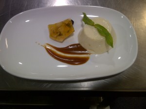Honey and vanilla pannacotta, coffee caramel sauce, coffe almond brittle