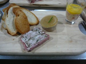 Chicken and mushroom terrine, duck liver pate, salmon rillette (in glass)