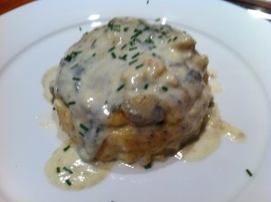 Cauliflower souffle with roquefort sauce