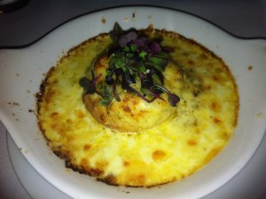 Twice cooked cauliflower souffle with cheese sauce