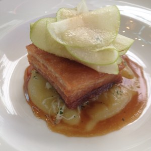 Pork belly, pickled cabbage and apple salad