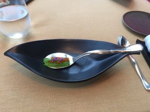 Snow pea topped with salmon roe