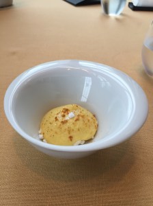 smoked mascarpone with corn chowder and corn crisps