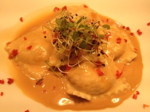 Lobster and salmon ravioli,ginger and treacle beurre blanc