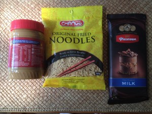 Peanut butter, noodles and chocolate