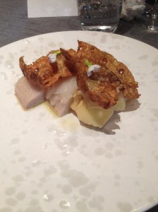 Smoked and confitpig jowl, scallops, shiitake, Jerusalem artichoke crackling