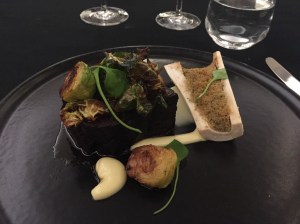 Twice cooked Beef rib,parsnip puree,marrow gelee, Brussels sprouts