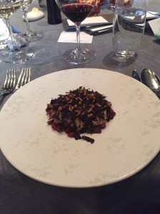 Raw smoked Blackmore wagyu,horseradish, soured cream, fermented rye crisps, raw funghi