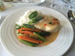 Steamed fish, rice and vegetables - Emirates First Class Dubai to Geneva