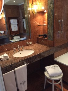 One of our two bathrooms in our room at the Beau Rivage