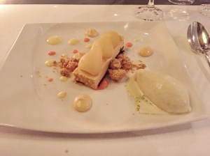 Caramel pear, pink praline custard and orchid ice cream.